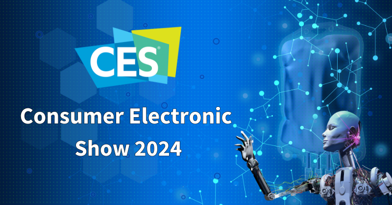 A blue background. The Consumer Electronics Show logo. Text says Consumer Electronics Show 2024.