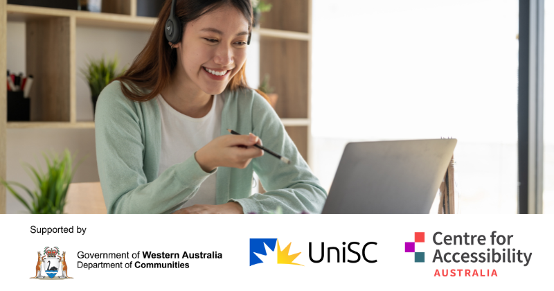 Image is of a woman, pointing with a pen at a laptop. Underneath are the logos for the Department of Communities WA, University of the Sunshine Coast and CFA Australia.