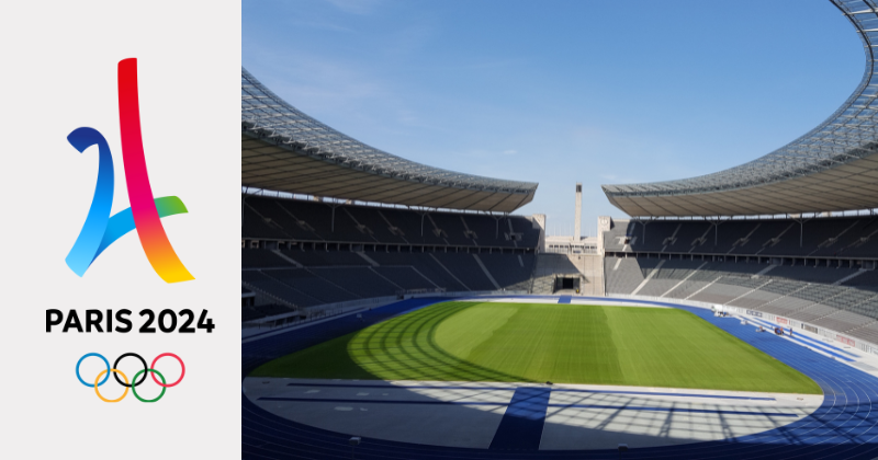 Image is of: On the left, the Paris Olympics logo. On the right, a picture of an open sports stadium.