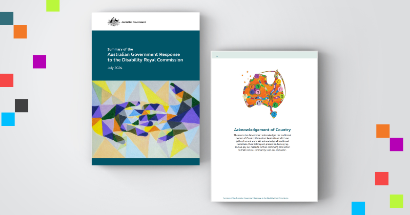 An image of the Australian Government Response to the Disability Royal Commission document and an Acknowledgement of Country page, side by side.