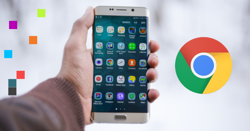 Image of a hand holding a phone. The Google Chrome logo is beside it.