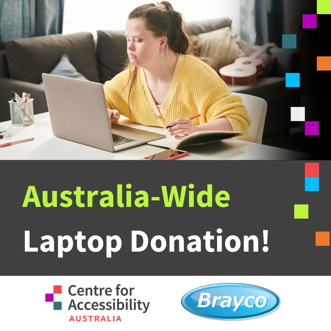 Image is of a young woman, wearing a light yellow cardigan, seated at a laptop. The text says Australia-Wide Laptop Donation! Below are the logos of CFA Australia and Brayco.