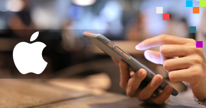 To the left, an image of the Apple logo. To the right, a hand types on a phone.