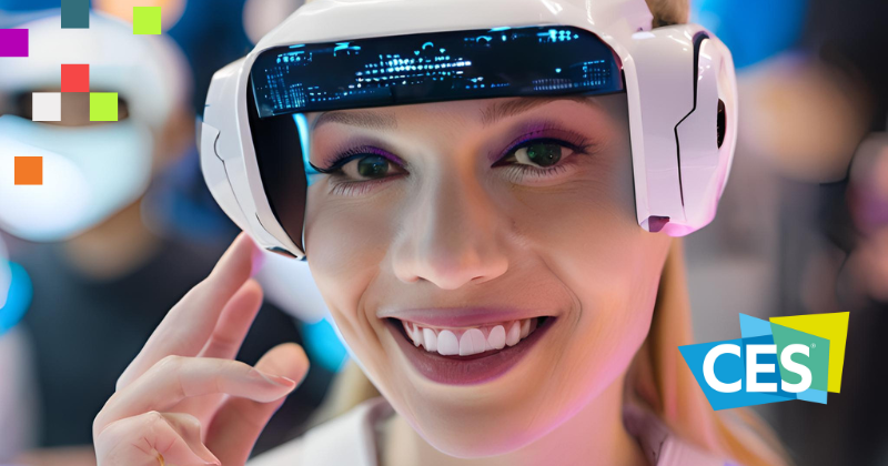 A woman is smiling, wearing a white head covered AI gadget. On the bottom right is the CES logo.