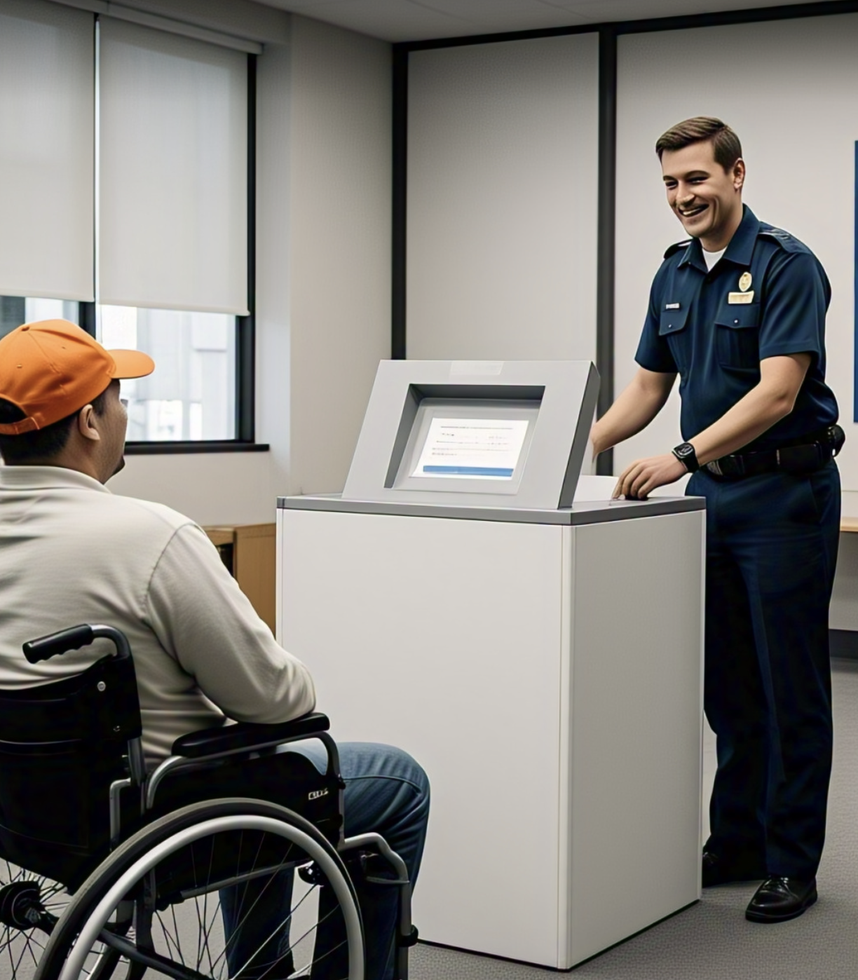 A voting attendant stands in front of a voting booth, assisting a person wearing an orange cap.